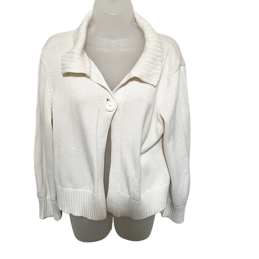 Vintage Talbots XL One Button Cardigan Sweater Cream Ivory Fisherman Collar